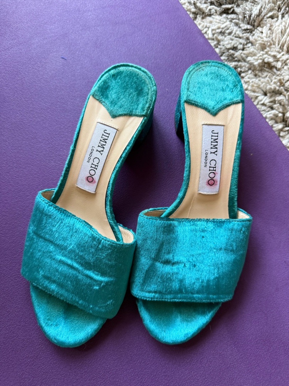 Jimmy Choo Turquoise Velvet Slide Mules
